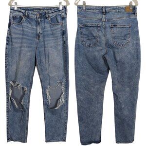 American‎ Eagle Strigid Ripped Distressed High Waist Blue Mom Jeans Womens Sz 10